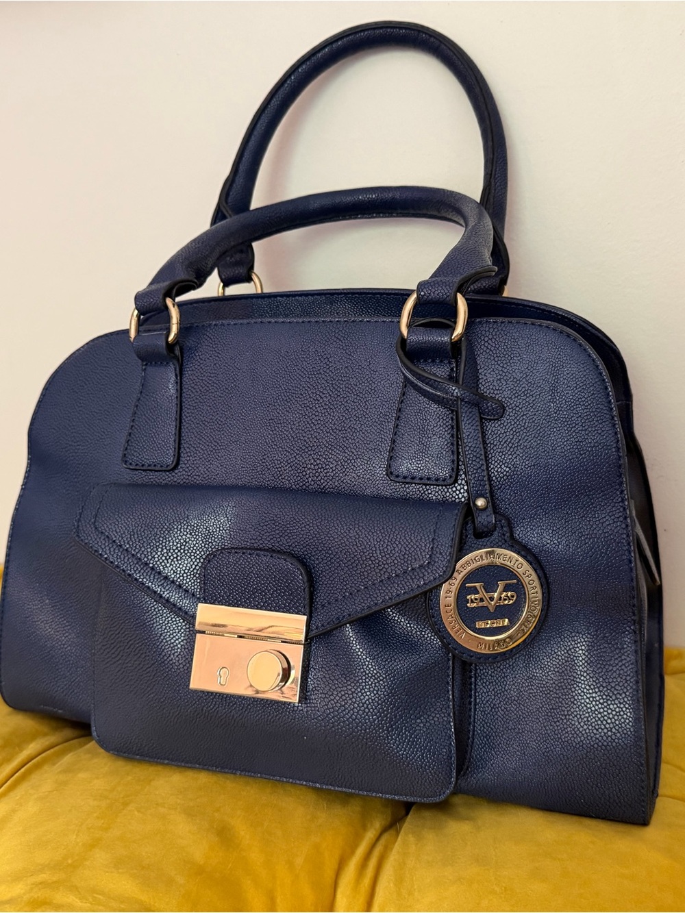 Versace Midnight Blue Satchel with Gold Hardware